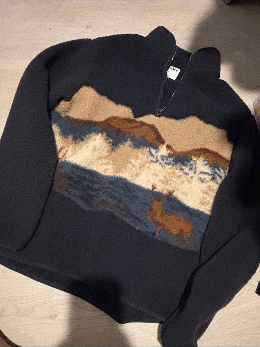 Old Navy Black Teddy Jacket with Mountain and Deer Design
